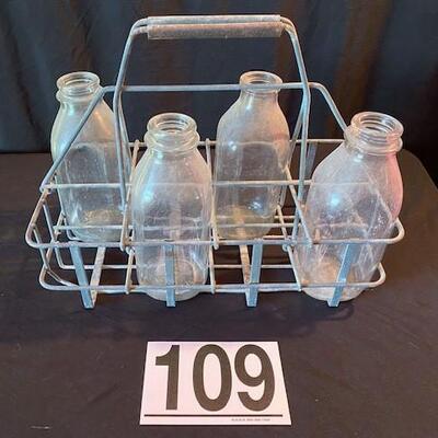 LOT#109D: Vintage Milk Bottles in Caddy