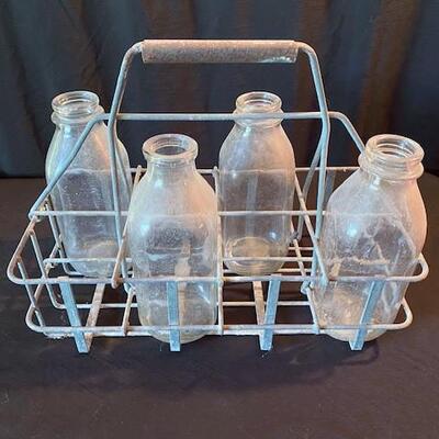 LOT#109D: Vintage Milk Bottles in Caddy