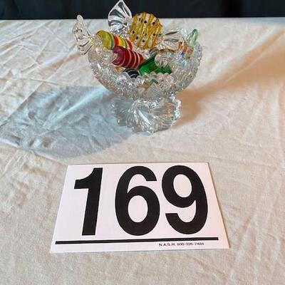 LOT#169L: Murano Style Candies in Cut Glass Bowl