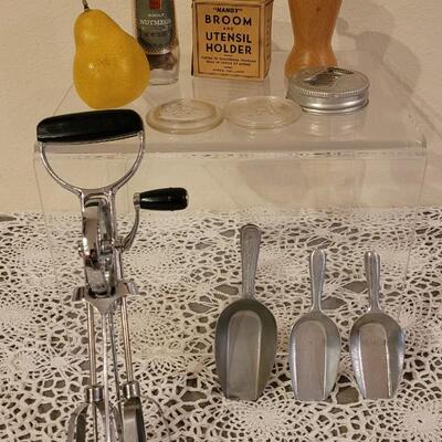 Lot 21: Vintage Kitchen Mixer, Scoops, Spice Bottle, Pepper Mill, (2) Ball Jar Glass Lids & (1) Metal Cap, Broom & Utensils...