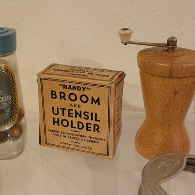 Lot 21: Vintage Kitchen Mixer, Scoops, Spice Bottle, Pepper Mill, (2) Ball Jar Glass Lids & (1) Metal Cap, Broom & Utensils...
