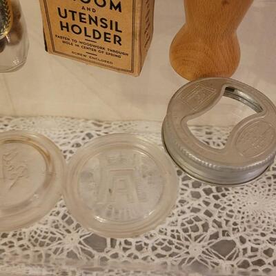 Lot 21: Vintage Kitchen Mixer, Scoops, Spice Bottle, Pepper Mill, (2) Ball Jar Glass Lids & (1) Metal Cap, Broom & Utensils...