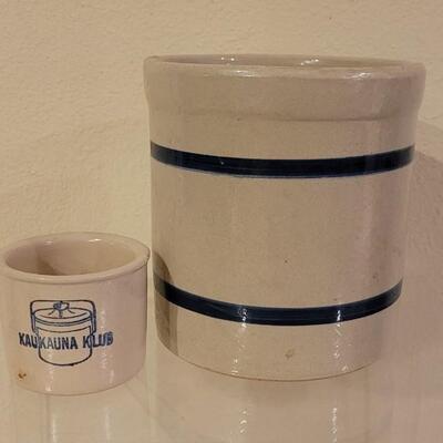 Lot 25: (2) Stoneware Crocks - 1 Small with Advertising and 1 R.R.P.C Roseville, Ohio