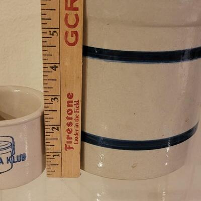 Lot 25: (2) Stoneware Crocks - 1 Small with Advertising and 1 R.R.P.C Roseville, Ohio