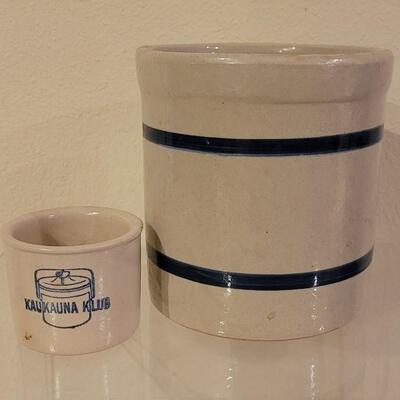 Lot 25: (2) Stoneware Crocks - 1 Small with Advertising and 1 R.R.P.C Roseville, Ohio