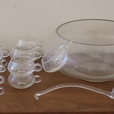 Lot 32: Mid Century Modern Reikes-Crisa Punch Bowl, 22 Cups, Original Glass Ladel and 2 Plastic Ladels & Cup Hooks