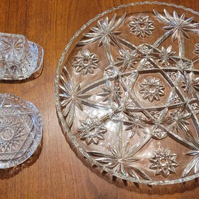 Lot 58:  Vintage Crystal Round Platter, Cut Crystal Candy Bowl and Crystal Butter Dish