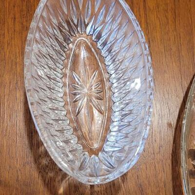 Lot 60: Crystal Spoon Rest, Heavy Crystal Bowl and Hors D'oeuvre Platter (Possibly Indiana Glass)