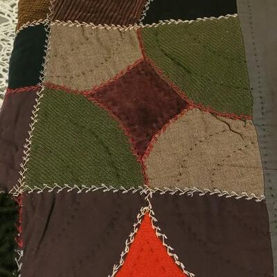 Lot 63: Handmade Jewel Tones Twin Quilt with Feather Stitching