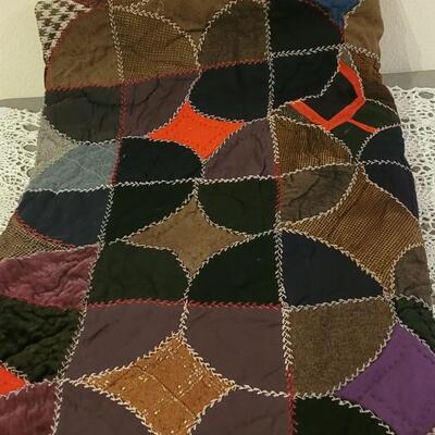 Lot 63: Handmade Jewel Tones Twin Quilt with Feather Stitching