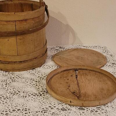 Lot 82: Antique Primitive Firkin Sugar Bucket (needs repair)