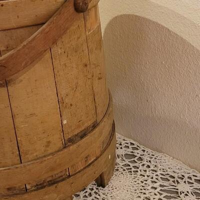 Lot 82: Antique Primitive Firkin Sugar Bucket (needs repair)