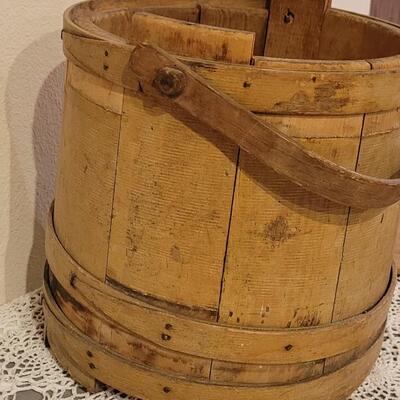Lot 82: Antique Primitive Firkin Sugar Bucket (needs repair)
