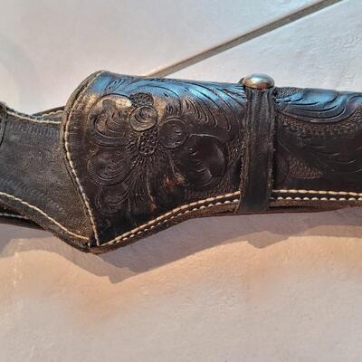 Lot 167: Vintage Custom Hand Tooled Mexico Black Leather Cartridge Belt + Holster