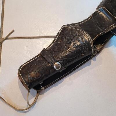 Lot 167: Vintage Custom Hand Tooled Mexico Black Leather Cartridge Belt + Holster