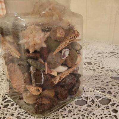 Lot 183: Large Jar of Shells, Medium Jar of Mixed Rocks & Shells and an Abalone Shell