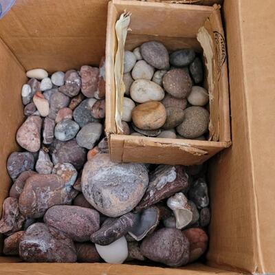Lot 214: Mexican Beach Stone (Third of a Bag Full), Box of Mixed River Stones and Shell Fossils Mix, New Container of Lucky River Rock...