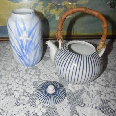 ASIAN THEMED FRAMED PICTURE-MATERIAL=TEAPOT-VASE AND FANS
