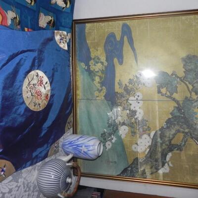 ASIAN THEMED FRAMED PICTURE-MATERIAL=TEAPOT-VASE AND FANS