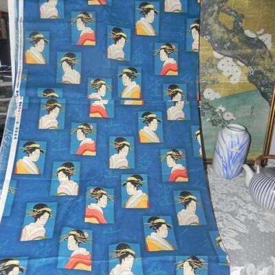 ASIAN THEMED FRAMED PICTURE-MATERIAL=TEAPOT-VASE AND FANS