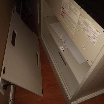 White wood TV stand cabinet, including 4 solid door inserts and removable back for easy access