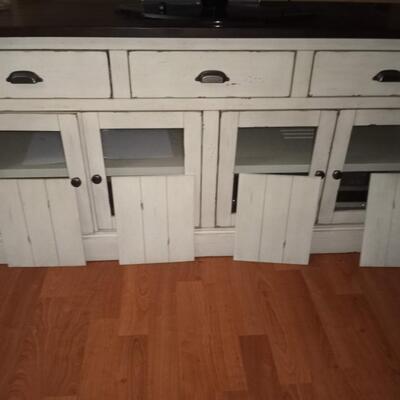 White wood TV stand cabinet, including 4 solid door inserts and removable back for easy access