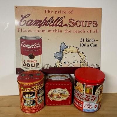 Assorted Decorative Tins and Sign