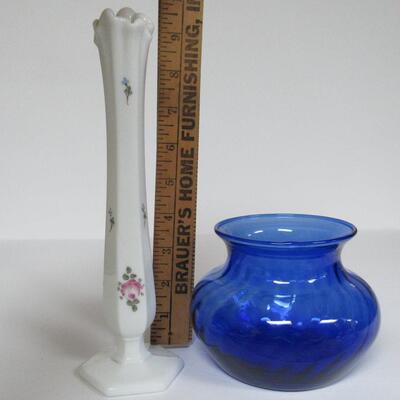 Vintage Westmoreland Hand Painted Bud Vase and Cobalt Blue Vase