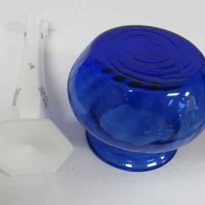 Vintage Westmoreland Hand Painted Bud Vase and Cobalt Blue Vase
