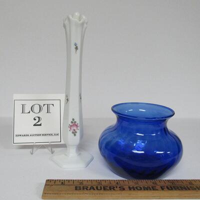 Vintage Westmoreland Hand Painted Bud Vase and Cobalt Blue Vase