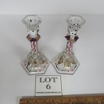 Vintage Hand Painted Clear Candle Sticks