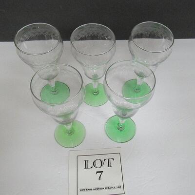 Set of 5 Vintage Etched Goblets With Green Glass Foot
