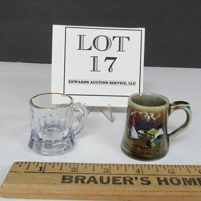 2 Vintage Small Mugs: 1 Pottery Wade Ireland, 1 Glass Tiny Rootbeer