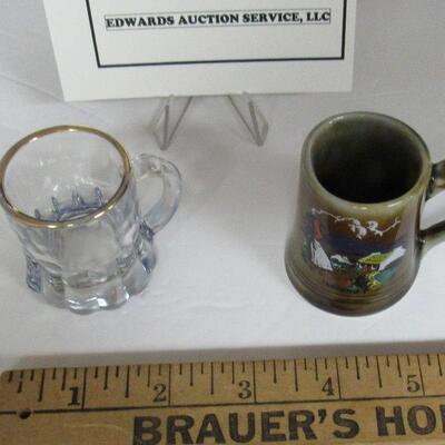 2 Vintage Small Mugs: 1 Pottery Wade Ireland, 1 Glass Tiny Rootbeer