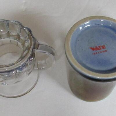 2 Vintage Small Mugs: 1 Pottery Wade Ireland, 1 Glass Tiny Rootbeer