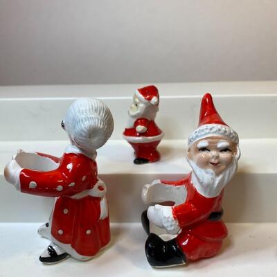 Lot 350: Vintage Santa & Mrs. Claus: Felt Figurines & Ceramic Candle Huggers