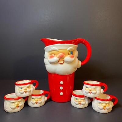 Lot 379: Hard to Find 1960 Howard Holt Vintage Santa Pitcher and Mugs