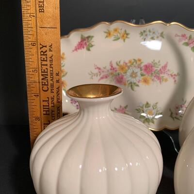 Lot 25: MCM Lenox Tulip Leaf Candlestick Holders, 24k Gold Trimmed Vase & Floral Candy Dish