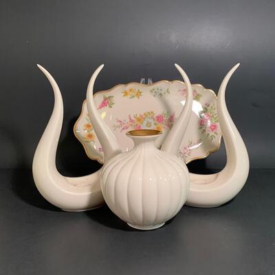 Lot 25: MCM Lenox Tulip Leaf Candlestick Holders, 24k Gold Trimmed Vase & Floral Candy Dish