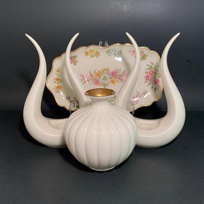 Lot 25: MCM Lenox Tulip Leaf Candlestick Holders, 24k Gold Trimmed Vase & Floral Candy Dish