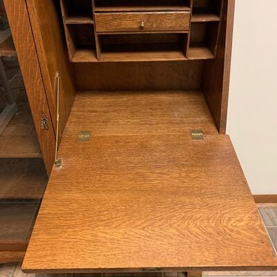 Lot 495: Vintage Mirrored Oak Secretary w/Side Book/Curio Case (Keys Included)