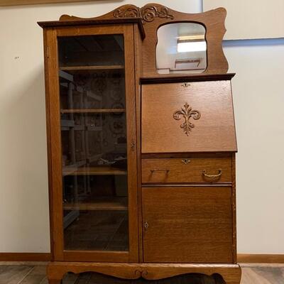 Lot 495: Vintage Mirrored Oak Secretary w/Side Book/Curio Case (Keys Included)