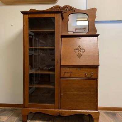 Lot 495: Vintage Mirrored Oak Secretary w/Side Book/Curio Case (Keys Included)