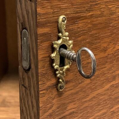 Lot 495: Vintage Mirrored Oak Secretary w/Side Book/Curio Case (Keys Included)