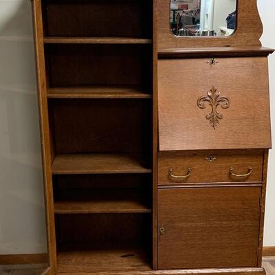 Lot 495: Vintage Mirrored Oak Secretary w/Side Book/Curio Case (Keys Included)
