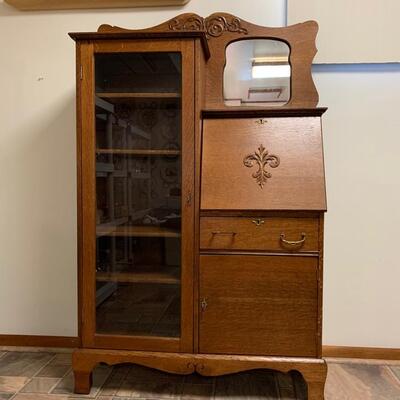 Lot 495: Vintage Mirrored Oak Secretary w/Side Book/Curio Case (Keys Included)