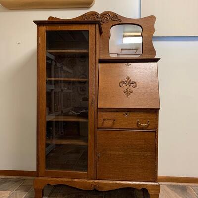 Lot 495: Vintage Mirrored Oak Secretary w/Side Book/Curio Case (Keys Included)