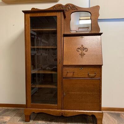Lot 495: Vintage Mirrored Oak Secretary w/Side Book/Curio Case (Keys Included)