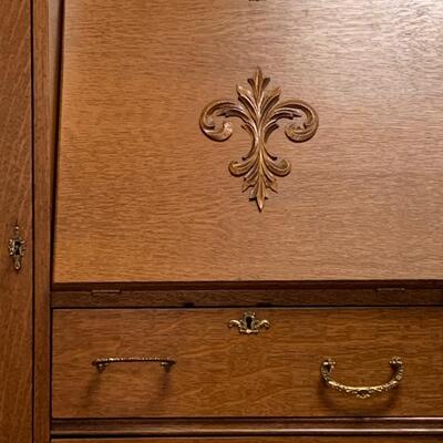Lot 495: Vintage Mirrored Oak Secretary w/Side Book/Curio Case (Keys Included)
