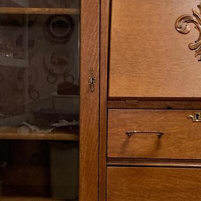 Lot 495: Vintage Mirrored Oak Secretary w/Side Book/Curio Case (Keys Included)